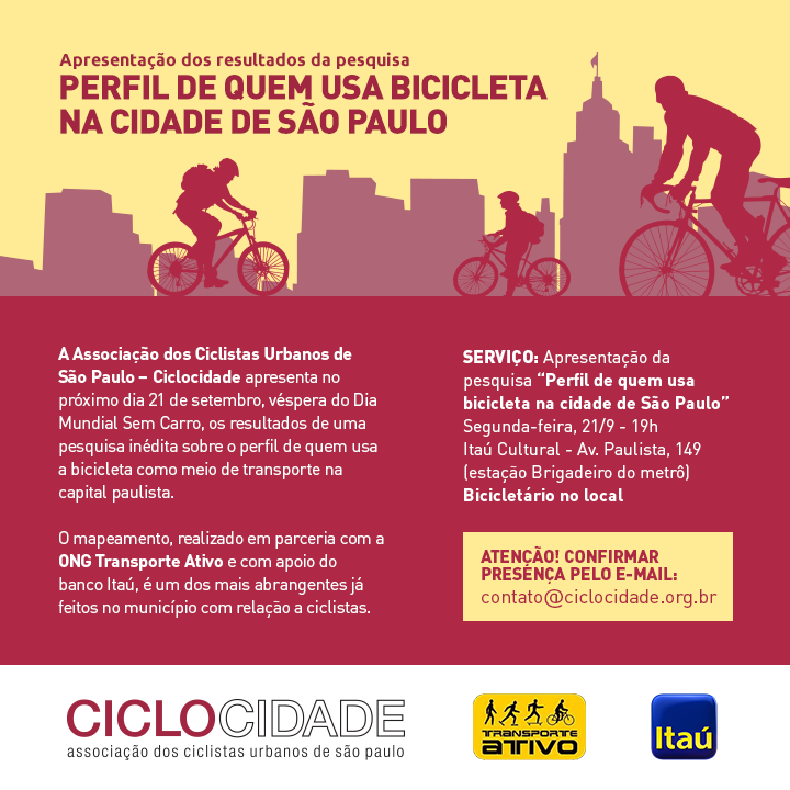 Convite: apresentação dos resultados da pesquisa “Perfil de quem usa bicicleta na cidade de São Paulo”